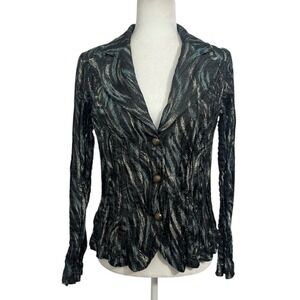 Alexandra Rosati Teal Black Metallic Crinkle Blazer Jacket Size Medium Artsy